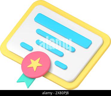 Diploma educational course graduation professional qualification warranty voucher 3d icon vector illustration. Yellow learning success achievement cer Stock Vector