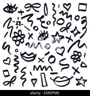 Set of doodle abstract chalk, crayon pencil hand drawn scribble shapes isolated on white background. Vector watercolor graffiti trendy design elements Stock Vector