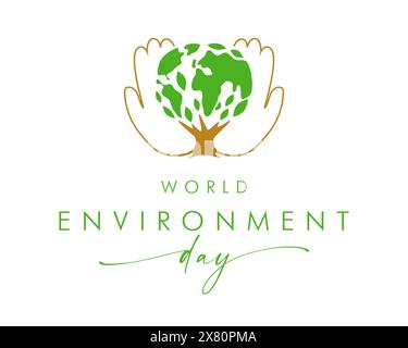 World Environment Day creative congrats. Environmental logo concept. Green leaves tree with globe shape, human palms, creative icon. Social network Stock Vector