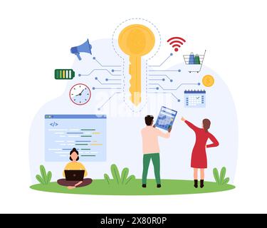 Online security of personal services and data. Tiny people work with big secure key to wireless network, protect code and payment for shopping, privacy of information cartoon vector illustration Stock Vector
