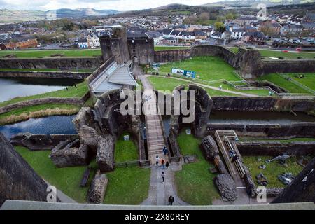 View of Caerphilly from inside Caerphilly Castle in Spring, Wales Stock Photo