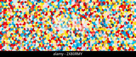 Geometric wallpaper made from cubes with the illusion of depth in a seamless pattern. Vintage red, yellow and blue vector background. Futuristic optic Stock Vector