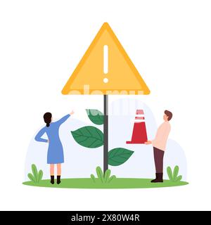 Attention, warning signal of important information, alarm stop message. Tiny people warn about danger, failure and hazard with exclamation point on triangle yellow sign cartoon vector illustration Stock Vector