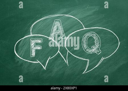 Chalk-drawn speech bubbles containing the letters F, A, and Q on a green chalkboard, representing frequently asked questions concept. Stock Photo