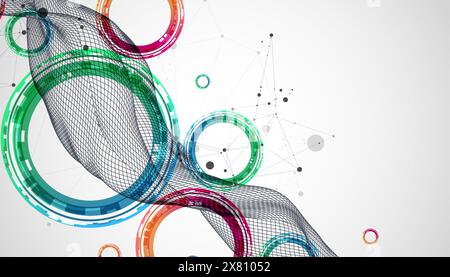 The abstract wave is made in a frame style. Template for science and technology presentation with circles. Hand drawn vector art. Stock Vector
