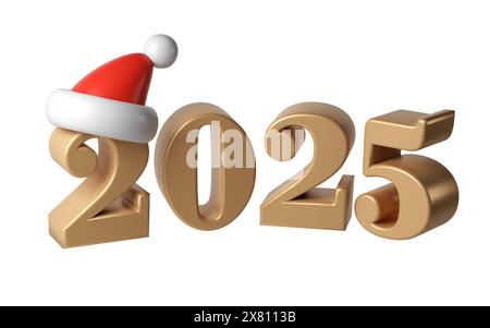 3d Happy New Year 2025 golden Numbers. Symbols cartoon render with red hat santa. Christmas decoration. Celebrate party Xmas Poster banner, cover card Stock Photo
