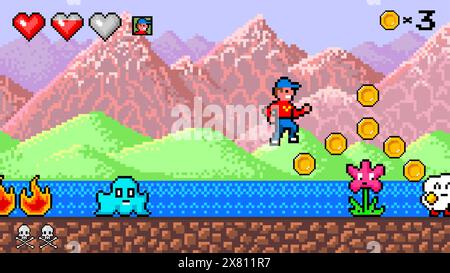 Pixel mountains. The game character collects coins. Passing levels and number of lives. art 8 bit objects. Background for the application or a website Stock Vector