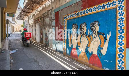 Ladies in Blue fresco, inspired by original displayed at Heraklion Archaeological Museum, by Chryssa Damianidou, 2019, Heraklion, Crete, Greece Stock Photo