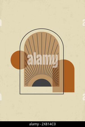 Boho minimalistic sun with arch interior illustration. Moroccan morning contemporary aesthetic art. Terracotta color elements in bohemian style. Conte Stock Vector