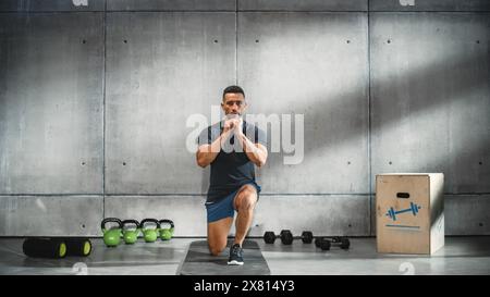 Online Workout Service: Professional Trainer Explaining Exercise, Virtual Video Tutorial for Training. Handsome Black Athletic Coach Teaching Audience Healthy Lifestyle. Screen Replacement Stock Photo