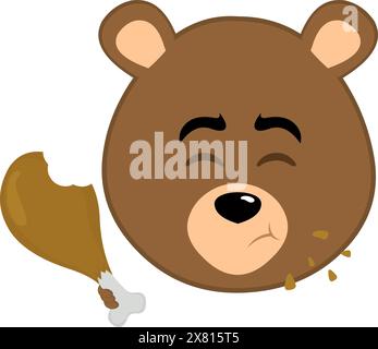 vector illustration face brown bear grizzly cartoon, eating a chicken leg food Stock Vector