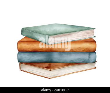 Watercolor illustration stacks of books for reading, pile of textbooks for education. Set of literature, dictionaries, encyclopedias. Colored Stock Photo