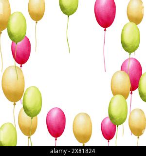 Postcard with balloons, pink, yellow, green hand drawn in watercolor with copy space, for boys on white background, for birthday, anniversary, party, Stock Photo