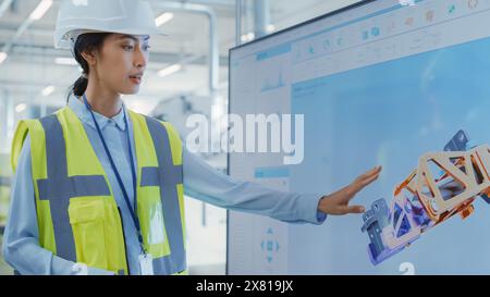Factory Office Meeting: Female Chief Engineer Explaining New Workflow for Heavy Industry Hydraulic Parts Production to Company Director in a Conference Room with TV. Showing 3D Layout on Screen. Stock Photo