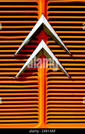 The unmistakable radiator grille of a Citroen H van, the chrome chevrons depict herringbone teeth of helical gears produced back in 1919. Stock Photo
