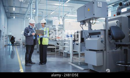 Two Professional Heavy Industry Employees in Hard Hats at Factory. Checking and Discussing Industrial Facility, Using Laptop Computer. Young Female Engineer and Middle Aged Technician at Work. Stock Photo