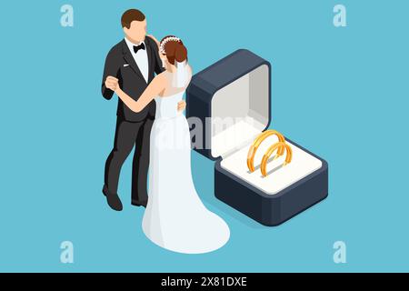 Isometric Golden wedding rings in a gift box, the groom in a suit and the bride in a brown wedding dress. Wedding ceremony. Wedding day. Stock Vector