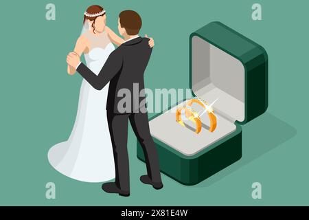 Isometric Golden wedding rings in a gift box, the groom in a suit and the bride in a brown wedding dress. Wedding ceremony. Wedding day. Stock Vector
