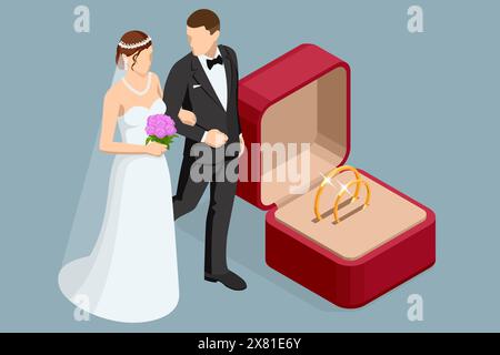 Isometric Golden wedding rings in a gift box, the groom in a suit and the bride in a brown wedding dress. Wedding ceremony. Wedding day. Stock Vector