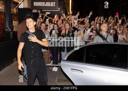 Tom Holland mania, outside the Duke of York Theatre's Romeo and Juliet in London's West End as Spiderman actor only pauses briefly for photographs, UK Stock Photo