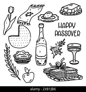 Great Holiday - Happy Passover elements in hand drawn doodle style. Jewish Holiday set isolated on white background Stock Vector