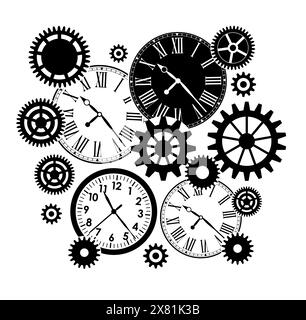 Black and white drawing of clocks and gears on white background Stock Vector