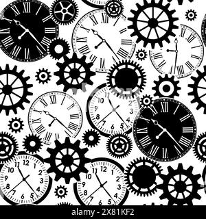 Black and white gears and clocks seamless pattern on white background Stock Vector