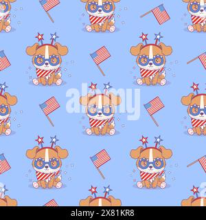 Seamless pattern with patriotic funny cartoon puppy wearing clothes and accessories in colors of American flag on blue background. Vector illustration Stock Vector