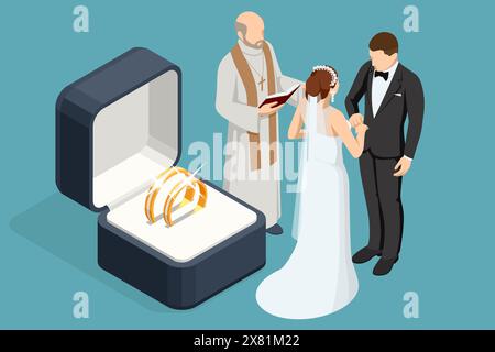 Isometric Golden wedding rings in a gift box, the groom in a suit and the bride in a brown wedding dress Bride and groom on the altar, listen to Stock Vector