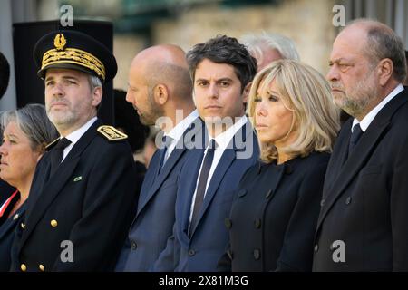 Caen, France. 22nd May, 2024. @ Pool/Blondet Eliot/Maxppp, France, caen, 2024/05/22 French Prime Minister Gabriel Attal, French Justice Minister Eric Dupond-Moretti, First lady of France Brigitte Macron and Former French Prime Minister Elisabeth Borne attend the national tribute to prison captain Fabrice Moello and supervisor Arnaud Garcia at the former prison in Caen, France, 22 May 2024. Credit: MAXPPP/Alamy Live News Stock Photo
