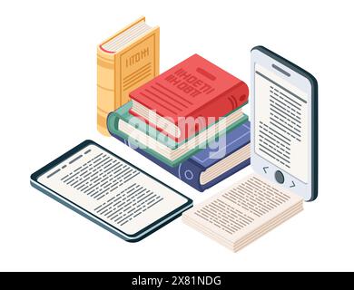 Online learning concept with Portable e-book reader and stack of hardcover books vector illustration isolated on white background Stock Vector