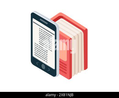 Online learning concept with Portable e-book reader and books vector illustration isolated on white background Stock Vector