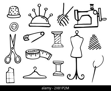 Set of sewing and needlework tools icon black and white vector illustration isolated on white background Stock Vector