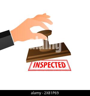 Hand is stamping a red seal that says Inspected. Grunge vintage Inspected square stamp Stock Vector