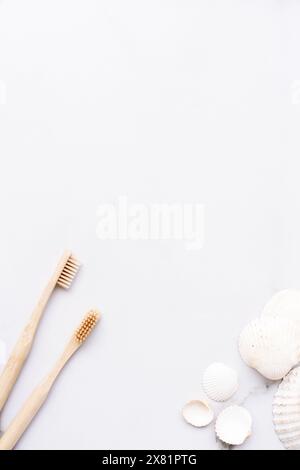 Two eco-friendly bamboo toothbrushes and shells frame on white background. Natural organic bathroom beauty product concept. Flat lay, top view Stock Photo