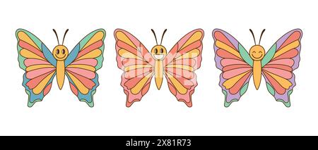 Smiling groovy butterfly characters set. Hippie retro style. Insect icons. Vector illustration Stock Vector