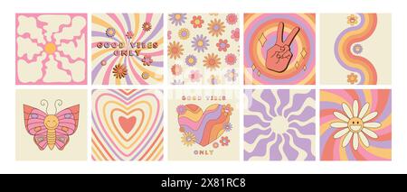 Set of groovy retro style cards with hippie symbols. Good vibes only slogan, daisy flowers seamless pattern, butterfly, sunburst, twisted waves and pe Stock Vector