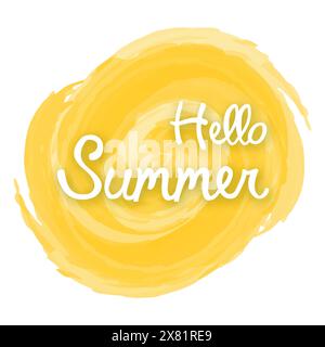 Hello summer on yellow watercolor spot. Design element for invitation, greeting card, prints and posters. Vector illustration. Stock Vector