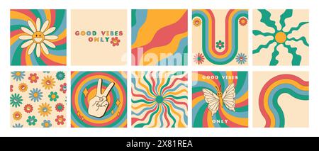 Set of groovy retro style cards in rainbow color. Good vibes only slogan, daisy flowers seamless pattern, butterfly, sunburst, twisted waves and peace Stock Vector