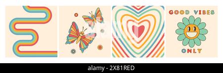 Set of groovy retro style cards in rainbow colors. Good vibes only slogan, smiling daisy flower, butterflies, twisted rainbow and heart Stock Vector