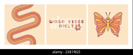 Good vibes only slogan groovy backgrounds set. Bright rainbow and smiling butterfly. 70 s Hippie retro style. Vector illustration Stock Vector