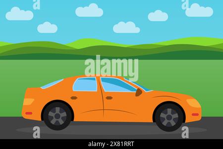 Orange sports car in the background of nature landscape in the daytime.  Vector illustration. Stock Vector