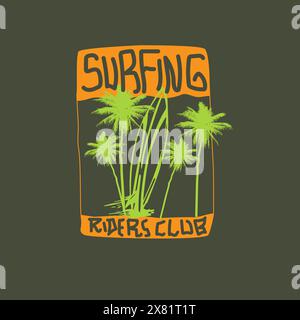 Surfing Riders club summer beach surfboard palm tree  design Stock Vector