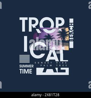 Tropical Beach summer time beach typography palm tree sunset poster design Stock Vector