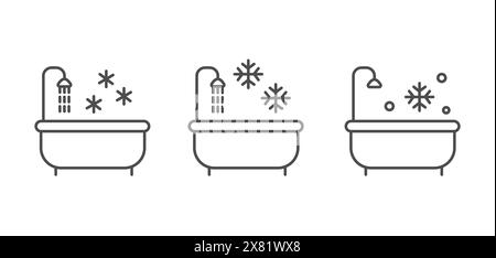Set of outline icons with bathtub and cold water. Concept of ice bathing for healthy lifestyle. Body hardening procedures. A shower with cold water Stock Vector