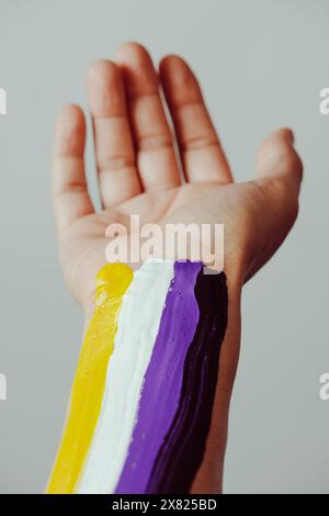 closeup of a persons arm with the non-binary pride flag painted on it, on an off-white background Stock Photo