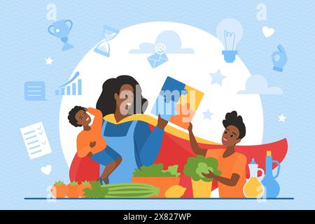 Happy family, busy mother superhero play with kids. Super mom wearing cape of hero playing fun puzzle game with sons in kitchen while cooking, multitasking woman heroine cartoon vector illustration Stock Vector