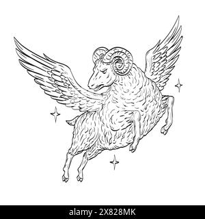 Comics style drawing or illustration of a ram sheep with wings flying in night sky which is a symbol of the Golden Fleece viewed from the high angle i Stock Vector