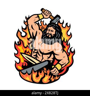 Mascot illustration of Hephaestus Greek god of forge and fire wielding a blacksmith hammer forging sword spear on anvil with fiery flames front view o Stock Vector