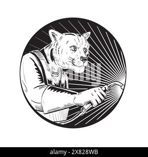 Line drawing sketch style illustration of a mountain lion or cougar with welding torch viewed from side set inside circle done in black and white on i Stock Vector